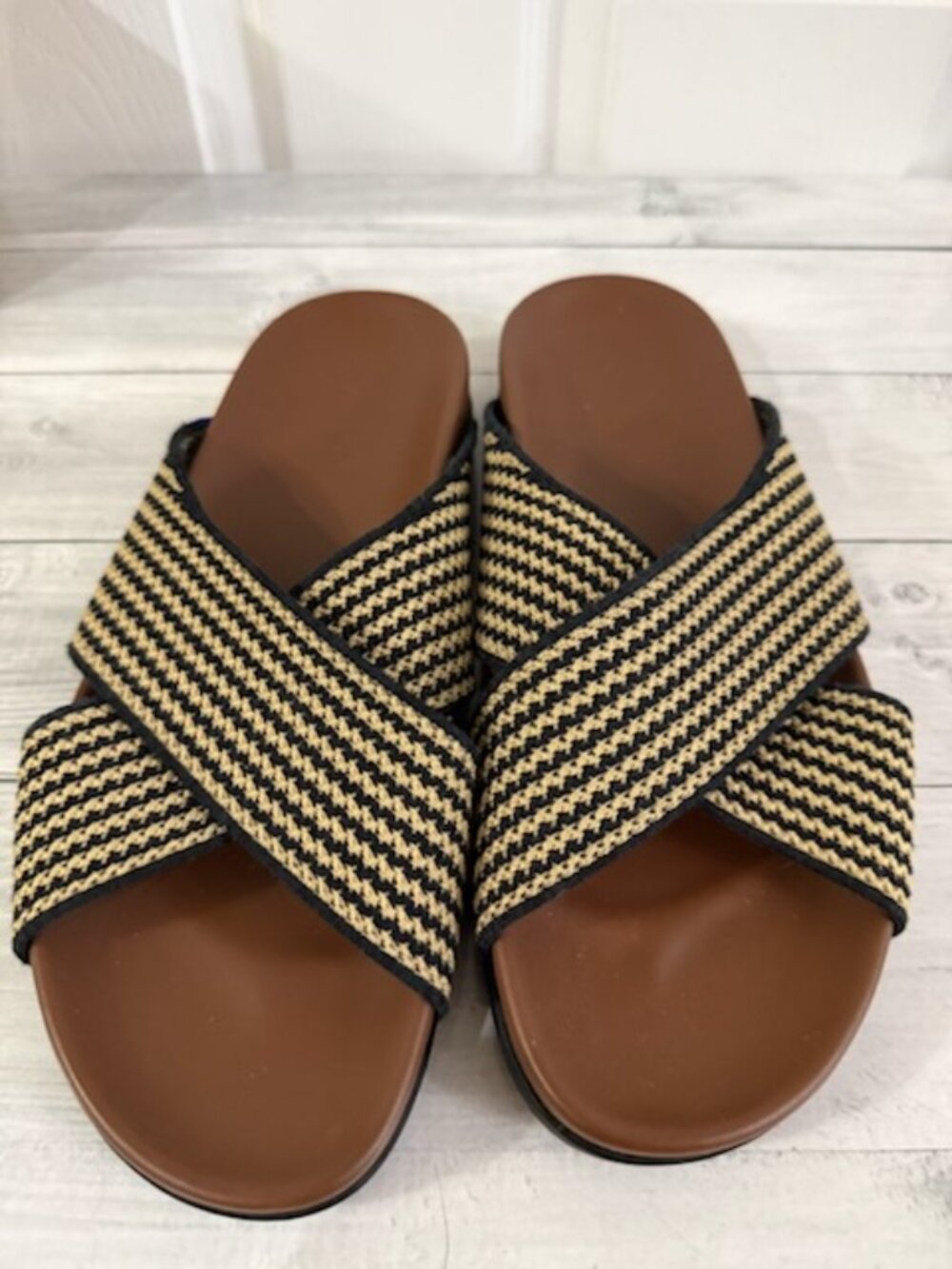 TITLE: Rothy’s The Weekend Slide Toffee Stripe Sandals Size 9.5
